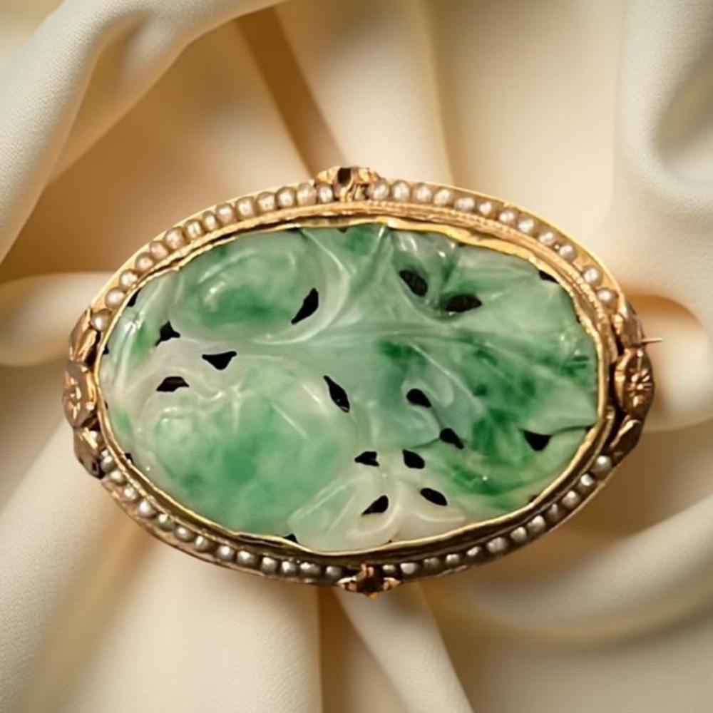 Antique Art Deco Gold Apple Jade Floral Cherry Blossom Pearl Lined Cameo Brooch - Picture 11 of 16